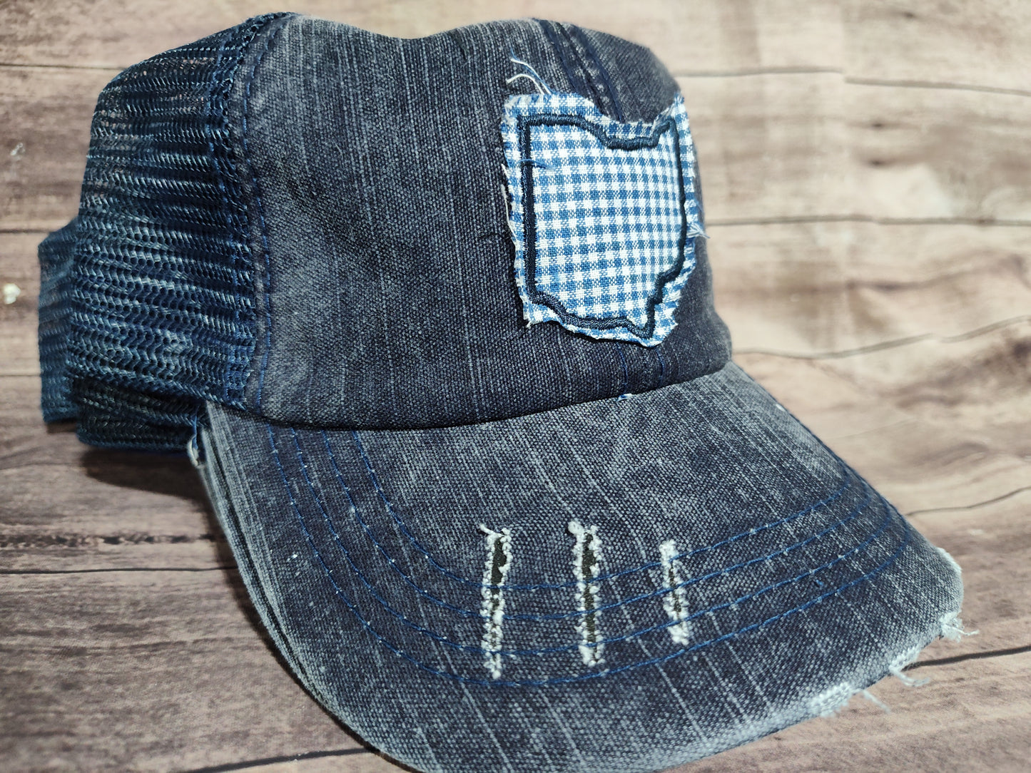 Unstructured, worn-in VINTAGE TRUCKER HATS OHIO PATCH