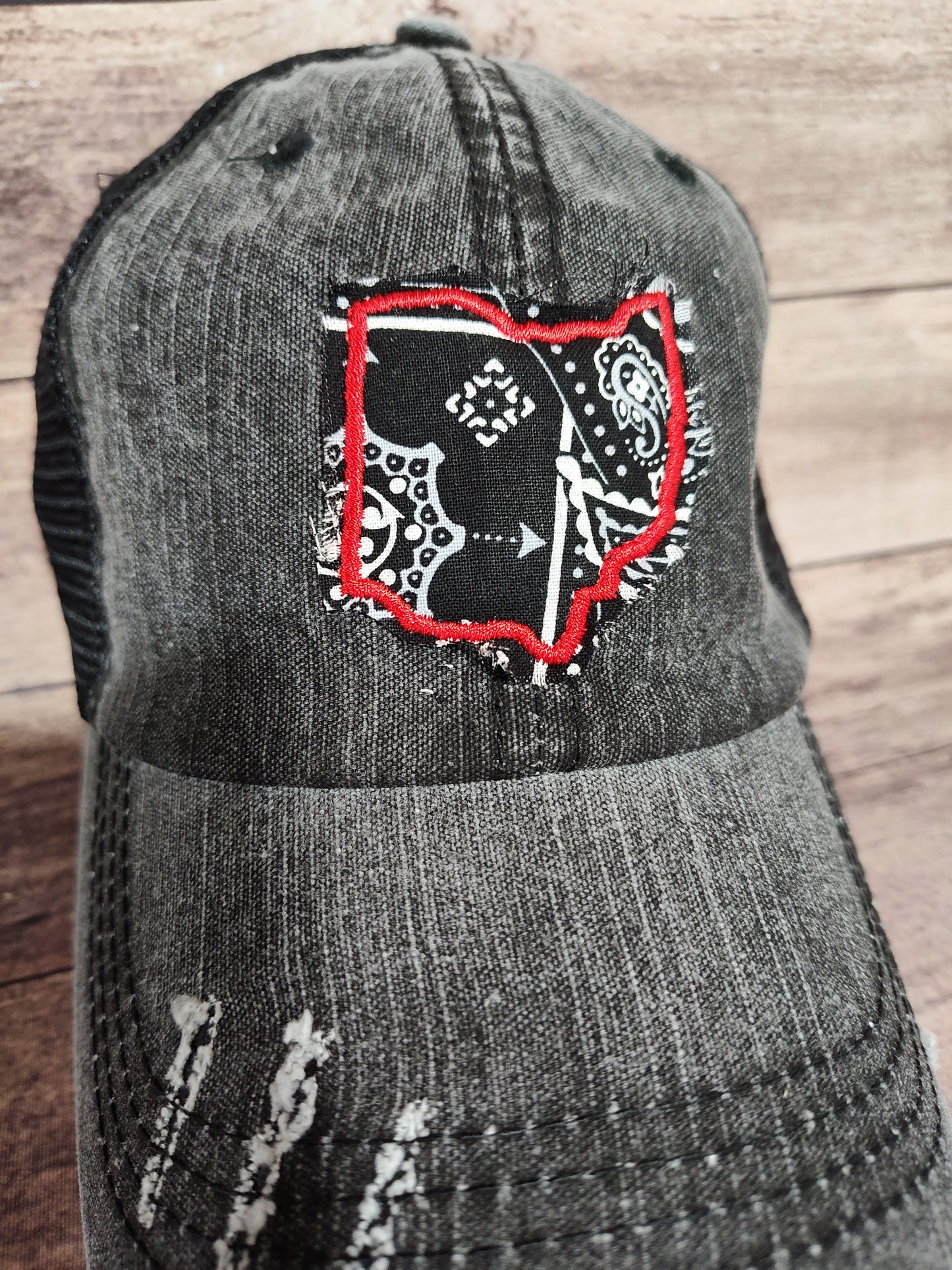 Unstructured, worn-in VINTAGE TRUCKER HATS STATE of OHIO