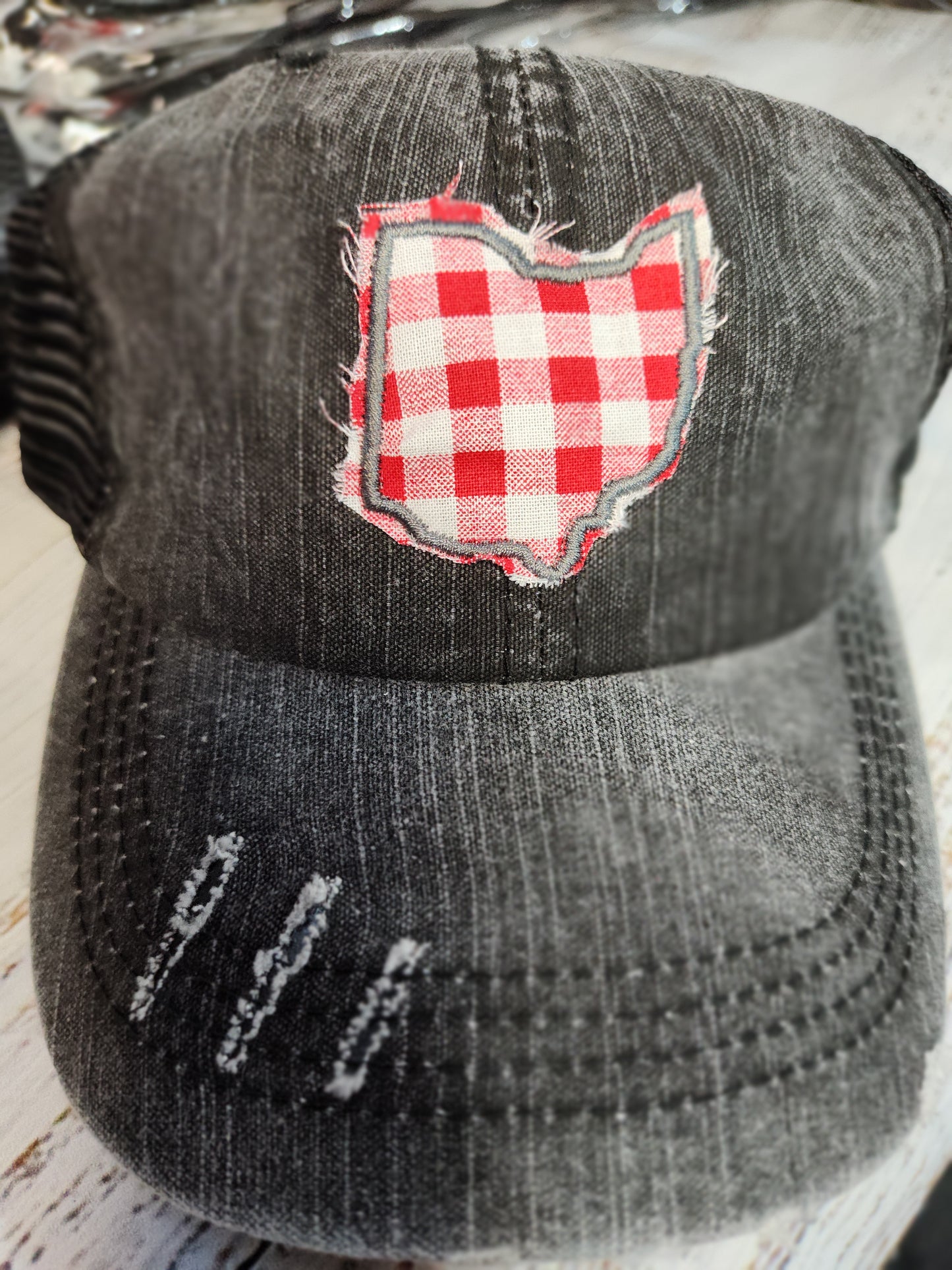 Unstructured, worn-in VINTAGE TRUCKER HATS STATE of OHIO