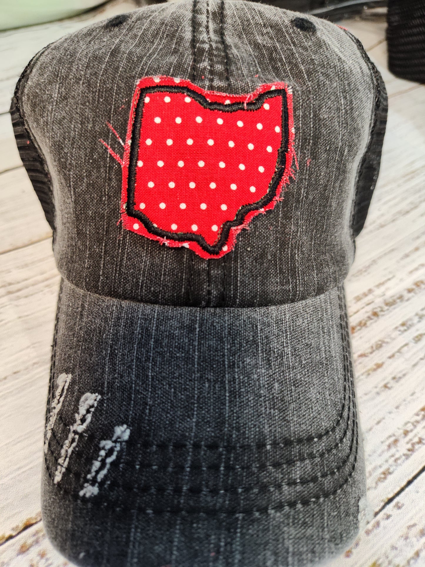Unstructured, worn-in VINTAGE TRUCKER HATS STATE of OHIO